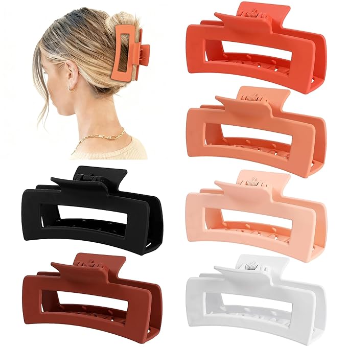 4 Inch Big Hair Claw Clips 6 Pcs Large Claw for Thick Hair Square Hair Clips for Women Rectangle Hair Clips Nonslip Acrylic Banana Jaw Clips Hair Accessories for Girls (Orange)