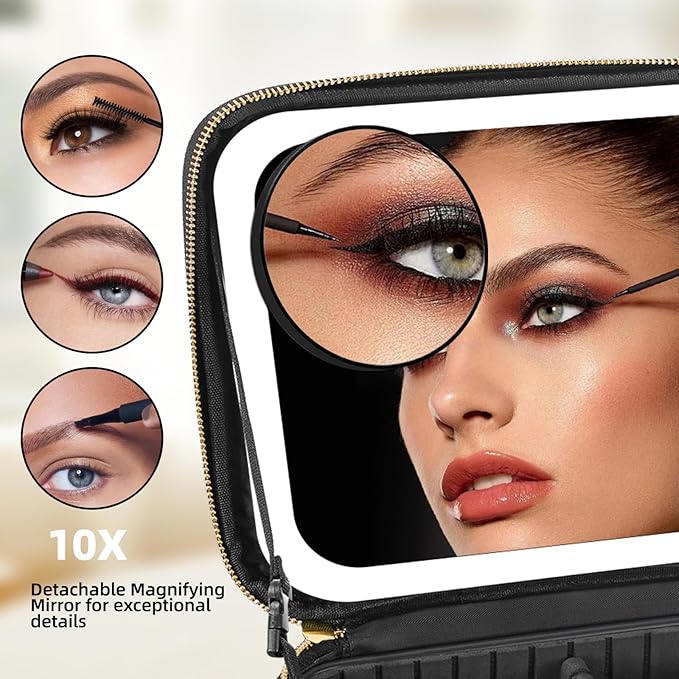RRtide Travel Makeup Bag with Mirror of LED Lighted, Makeup Train Case with Adjustable Dividers, Makeup Case with Mirror and Detachable 10x Magnifying Mirror