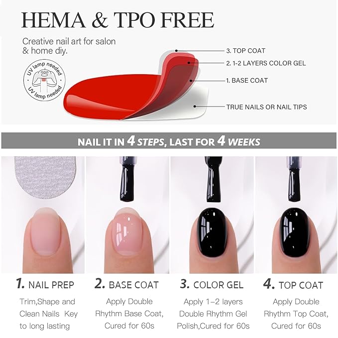 Double Rhythm 0.5Oz No Wipe Clear Gel Top Coat Base Coat Hema and Tpo Free 2 Pcs 15ML Gel Polish Soak Off Manicure DIY Home Salon (Top Coat Base Coat)
