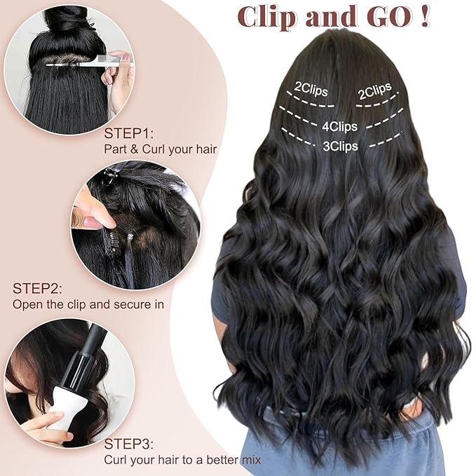 ALXNAN Clip in Long Wavy Synthetic Hair Extension 24 Inch Light Chestnut Brown 4PCS Thick Hairpieces Fiber Double Weft Hair for Women