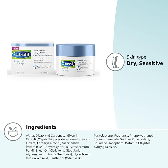 Cetaphil Deep Hydration Healthy Glow Daily Face Cream, 1.7 oz, 48 Hour Dry Skin Face Moisturizer for Sensitive Skin, With Hyaluronic Acid, Vitamin E & Vitamin B5