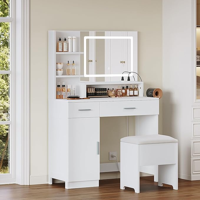 Vanity Desk with LED Mirror and Lights, Makeup Vanity Set with Chair, Power Outlet, Drawers, Cabinet, Dressing Table with Open Storage Shelves and for Bedroom, Dressing Room, White