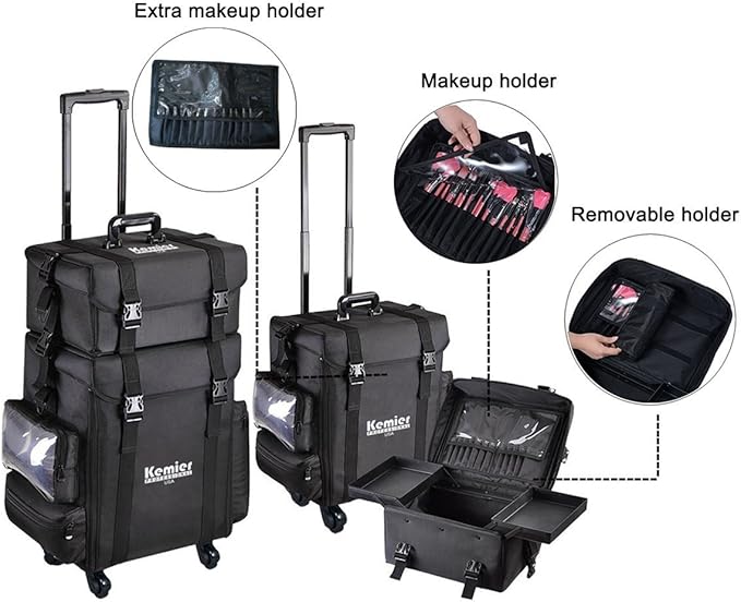 Kemier studio makeup case Omni-directional wheels 2 in 1 Professional Soft Sided,Removable,Artist Rolling Makeup Train Case,Cosmetic Organizer w/Storage Drawers