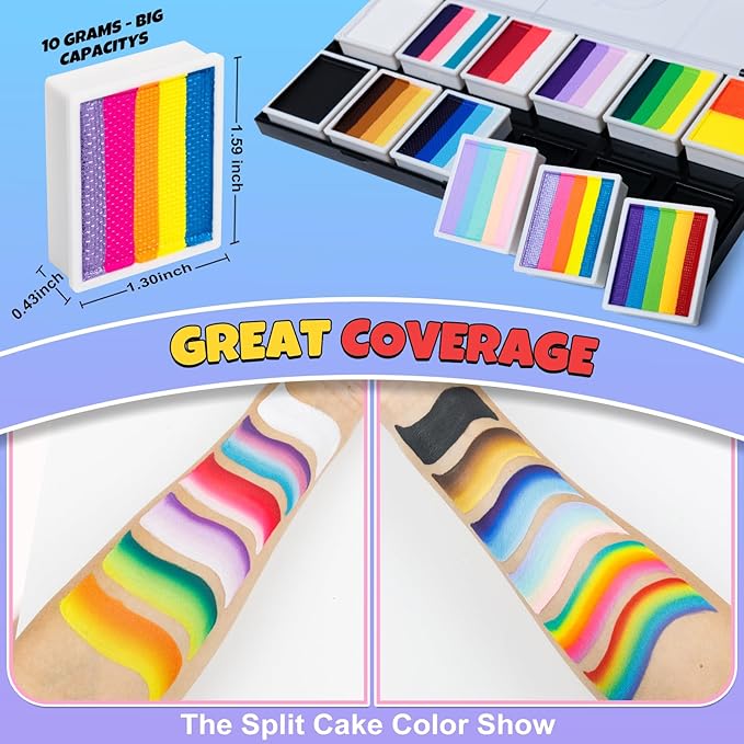 Professional Face Painting Kit for Kids Adults, Rainbow Split Cake Face Paint Makeup Palette 12 x 10gm+ 4 Colors Pro Pressed Glitter Eyeshadow Palette, with Brushes Sponges Stencils Gems