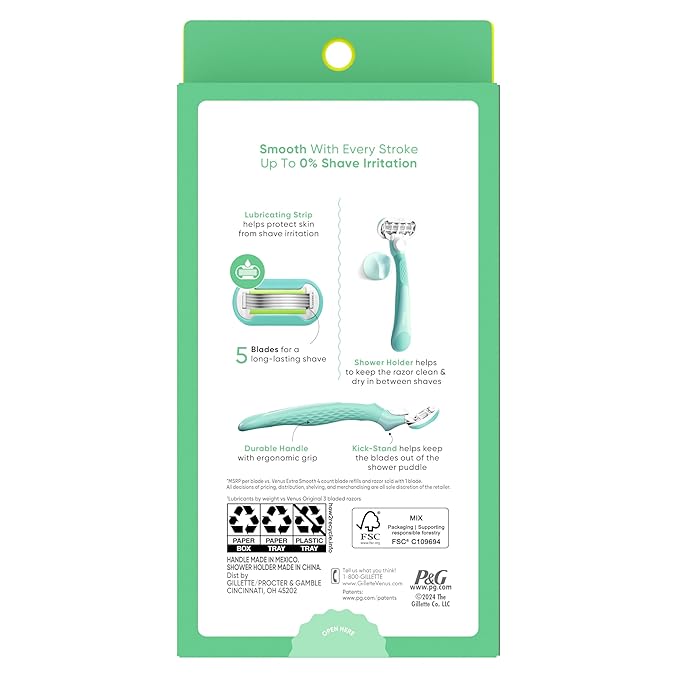 Gillette Venus Extra Smooth Women's Razor with Reusable Handle, 5 Blade Refills and Shower Holder