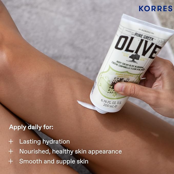 KORRES Olive Body Lotion for Dry Skin Moisturizer Cream with Vitamin E, Aloe and Pure Greek Olive Oil for Body Care, Hydrating & Nourishing for Smooth, Supple Skin, Olive Blossom Scented, 6.76 fl oz