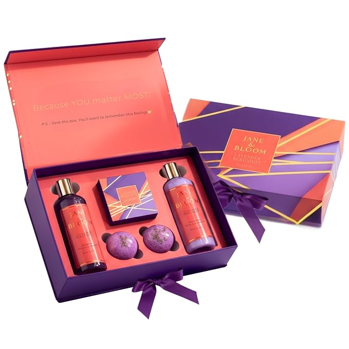 Gifts for Women who has Everything - Lavender & Bergamot Spa Gift Set – Luxury Bath & Body Collection with Shower Gel, Body Lotion & Bath Bombs – Relaxing Self Care Gift for Women – Jane & Bloom