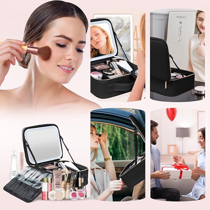 Gdsshuhung Makeup Bag with Mirror | Partitionable Professional Makeup Organizer | Large Travel Makeup Bag for Women | Cosmetic Case for Daily & On-the-Go Use (Black)