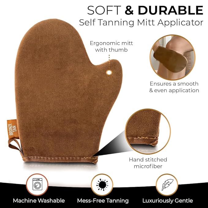 Bronze Tan Self Tanning Mitt Applicator With Thumb - Self Tanner Mitt for Application of Self Tanning Mousse or Lotion - Machine Washable And Reusable Ultra Soft Tanning Glove For Self Tan