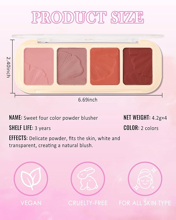 Matte Face Blush Palette Kit with Brush-4 Color Pink Plum Orange Silky Mineral Blendable Blusher Contour Powder for Cheek,Longlasting Facial Beauty Valentine's Women’s Day Makeup Gift for Women-01