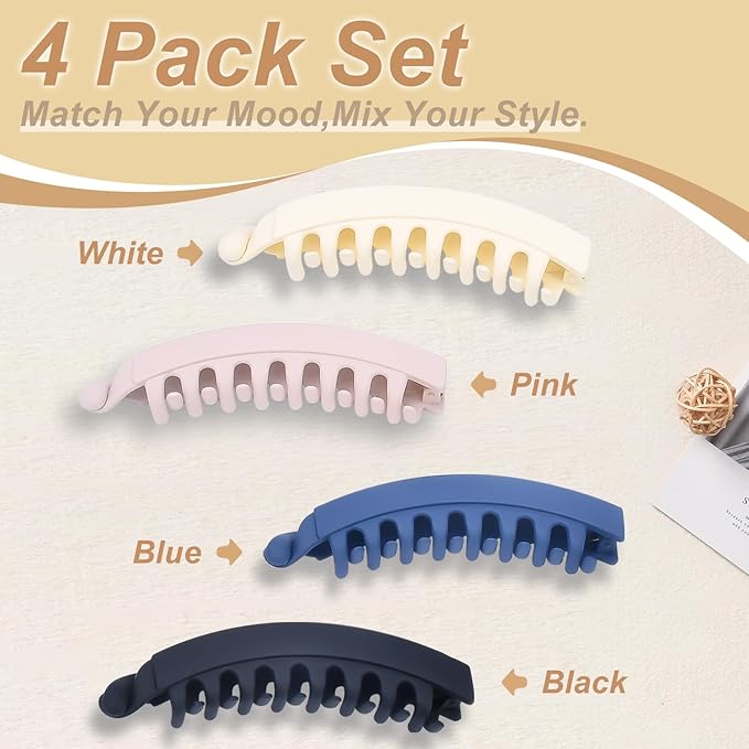 4PCS Banana Hair Clips, 5.2" Large Hair Claws for Women, Claw Clips for Thick Hair&Thin Hair, Hair Styling Accessories(Black & Light Coffee & Blue & White)