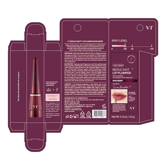 VT COSMETICS Reedle Shot Lip Plumper, Hydrate & Volumize Lip Gloss, Smooth Lip Wrinkles, Korean Lip Plumper, High Shine, Lip Enhancer, Hyaluronic Acid, 0.15 oz. (Rose Berry)