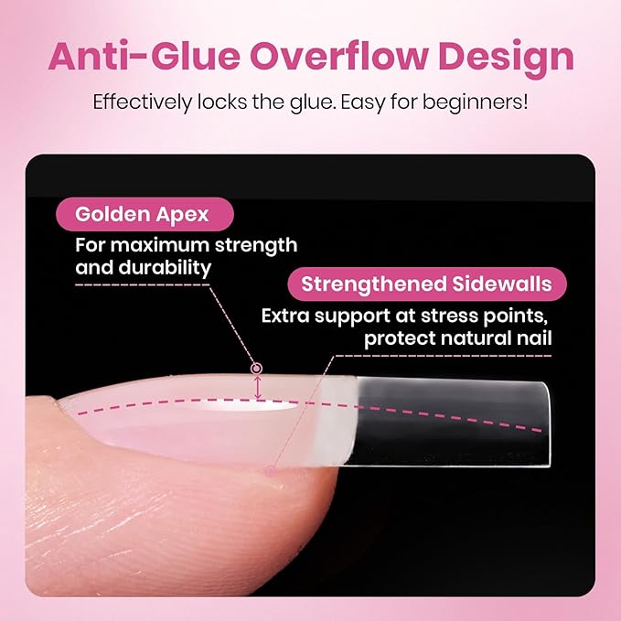 Beetles Gel Nail Tips Flat-X - Square Medium, 320pcs 16 Sizes, Pre-Etched Half Matte Full Cover Soft Acrylic Press on False Nail Extension Tips Easy DIY Salon Art for Flat & Natural Nail Beds