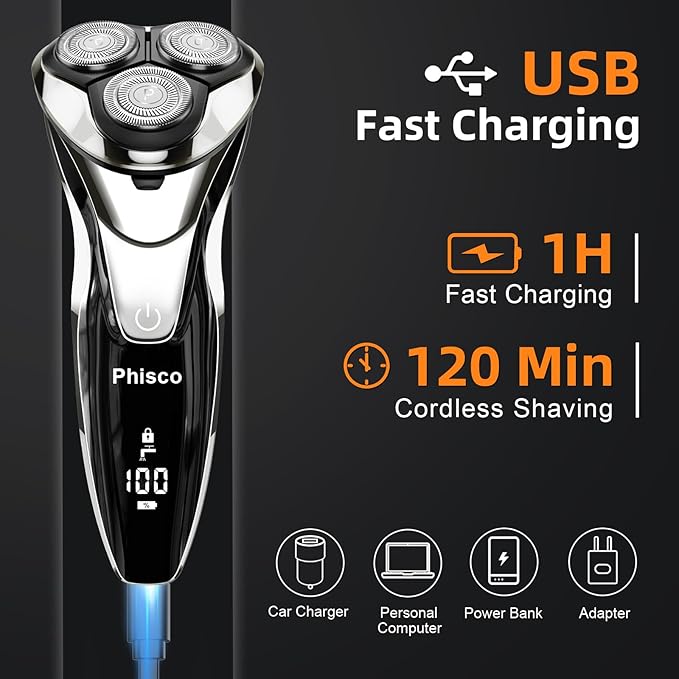 Electric Razor for Men - Phisco Electric Shavers for Man Face, USB Rechargeable, Waterproof Wet Dry Razors with Pop-Up Trimmer, LED Display, Travel Lock