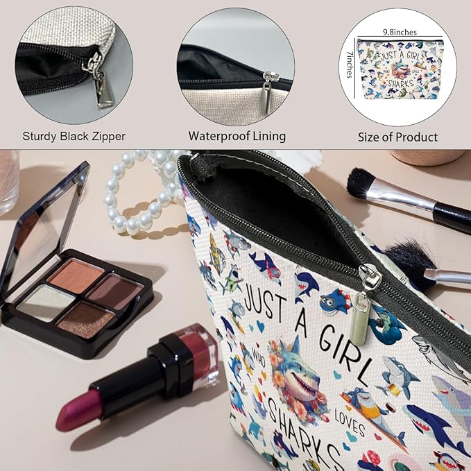 A Girl Loves Sharks Shark Gifts Shark Stuff Sharks Decor Cosmetic Bag travel Makeup Bag Gifts for Women Coworker Teens Bestie Best Friend Birthday Easter Anniversary Graduation Christmas Nurse Day
