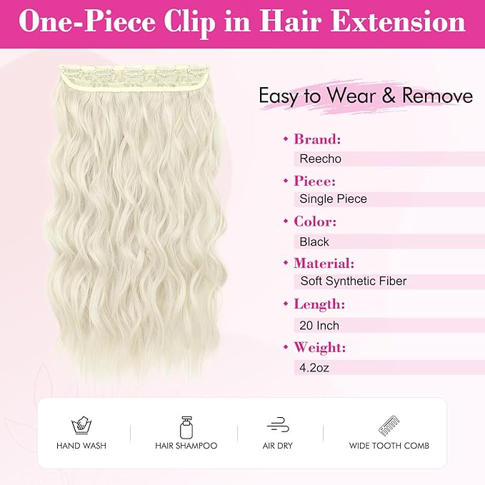 REECHO Blonde Hair Extensions, 20” One Piece Clip in Hair Extensions Thick Long Beach Wavy Natural Soft Synthetic Hairpieces for Women, Platinum Blonde