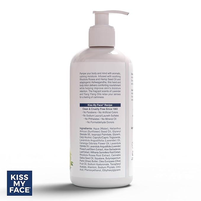 Kiss My Face De-Stress Hand & Body Lotion Lavender + Ylang Ylang - Cruelty-Free and Vegan Lotion for Dry Skin - 16 oz Bottle with Pump (Lavender & Ylang Ylang, Pack of 1)