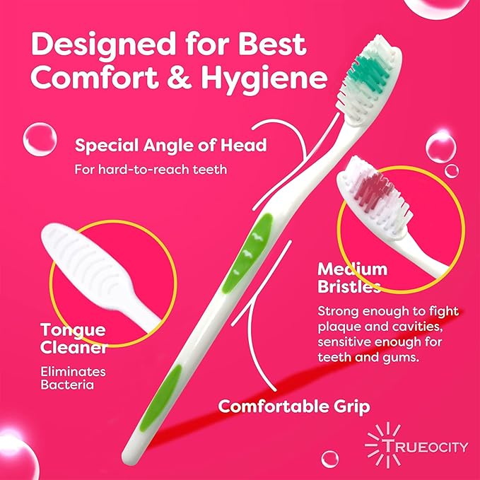 Trueocity 30 Pack Individually Wrapped Toothbrushes - Soft Bristle, Multi-Colored and Perfect for Adults and Kids, Travel Pack, Disposable Toothbrushes for Bulk Use, Oral Care Supplies