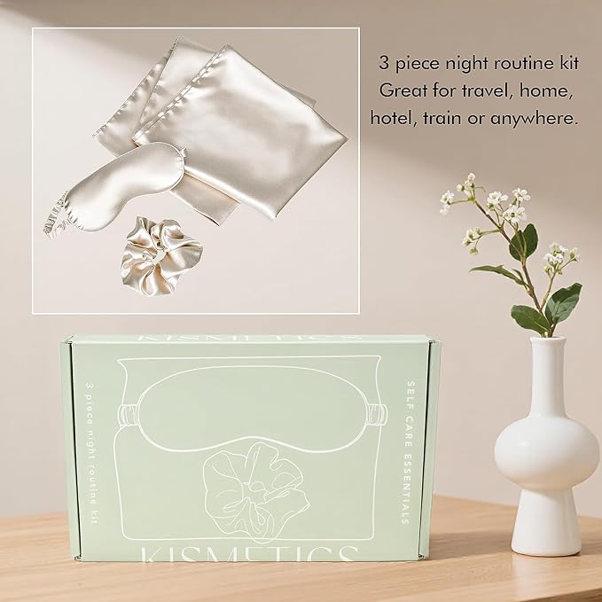 KISMETICS - Vegan Silk Sleep Set, Vegan Silk Pillowcase with Large Scrunchie and Eye Mask for Hair and Skin, Self Care Essential Satin Night Routine Kit (Champagne Color)