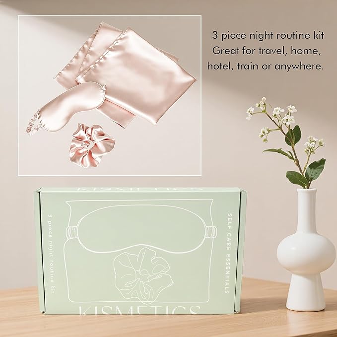 KISMETICS - Vegan Silk Sleep Set, Vegan Silk Pillowcase with Large Scrunchie and Eye Mask for Hair and Skin, Self Care Essential Satin Night Routine Kit (Light Pink Color)
