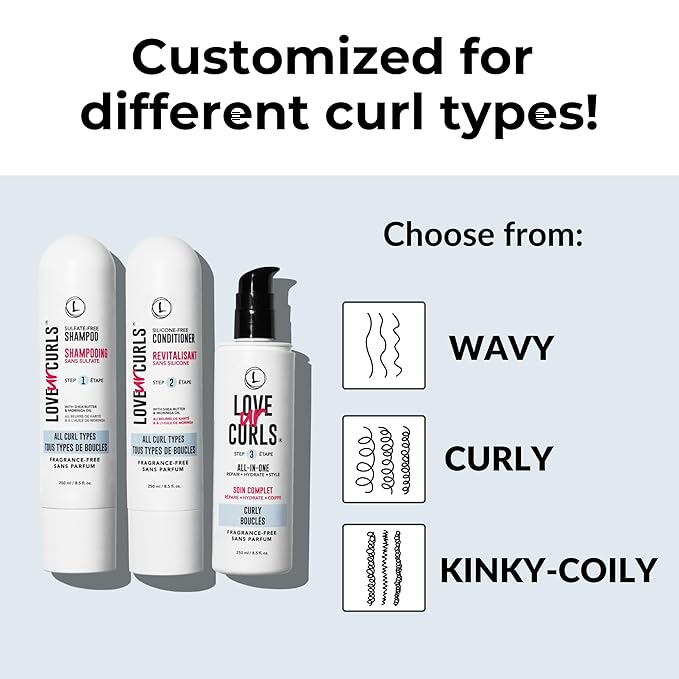 Love Ur Curls Fragrance Free Shampoo and Conditioner Set with All in One Curl Cream Styler for Curly Hair, 3 Step System to Repair, 200 mL