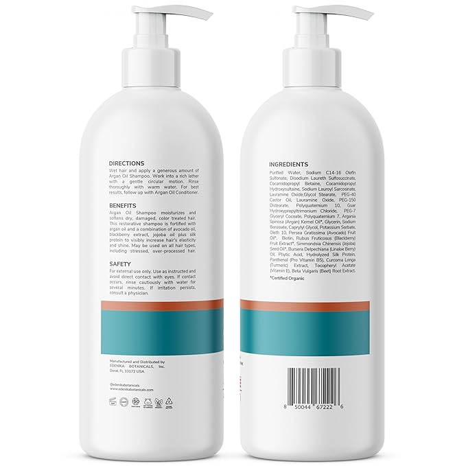 Edenika Botanicals Moroccan Argan Oil Shampoo with Biotin | Repairs Treated, Dry & Damaged Hair, Deeply Hydrating & Nourishing, Paraben & Sulfate Free, Men & Women (16 fl oz Each)