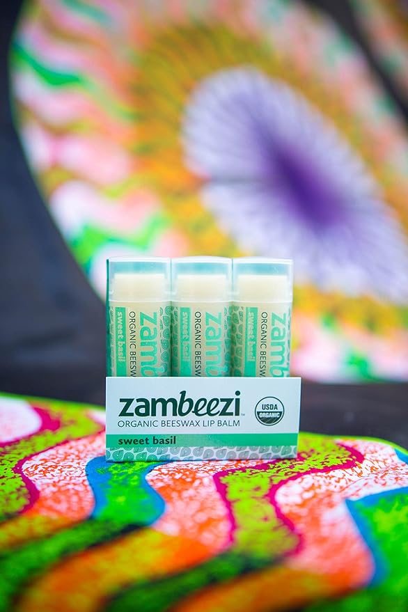 ZAMBEEZI Organic, Fair Trade Beeswax Lip Balm - Sweet Basil 3 Pack - Ethically Sourced