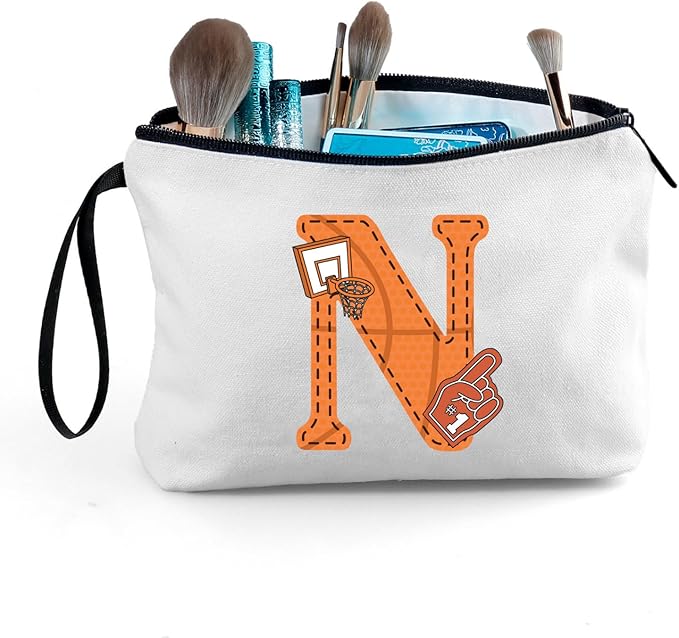 ARIOSEY Basketball Gifts Monogrammed Cosmetic Travel Makeup Bag Basketball Accessories Graduation Birthday Gifts for Girls Coaches Daughters Team Friend Mom Player-N