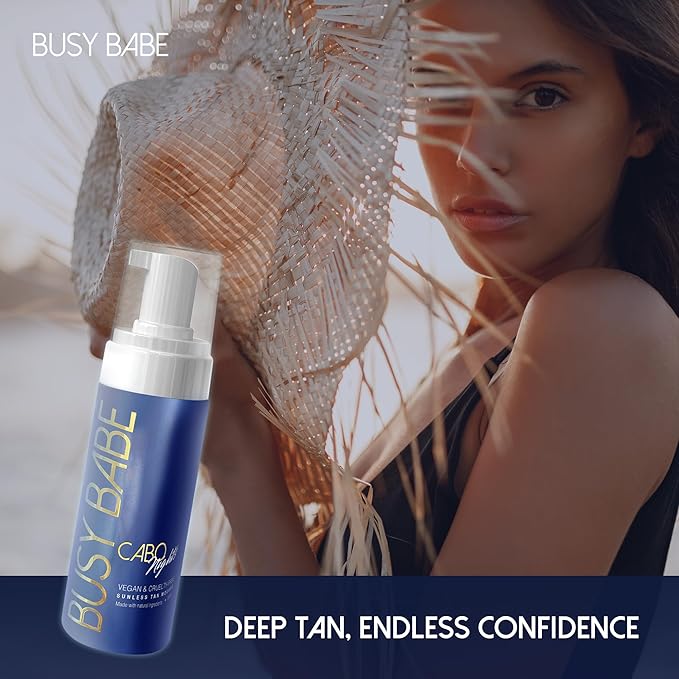 Busy Babe Self Tanner - Cabo Nights Express Rapid Dark Tanning Mousse - Deeper Sun-Kissed Glow with Mitt - Vegan, Cruelty-Free, Instant Tan, Self Tanning Mousse Pump - Express, Violet based- 7.2 oz