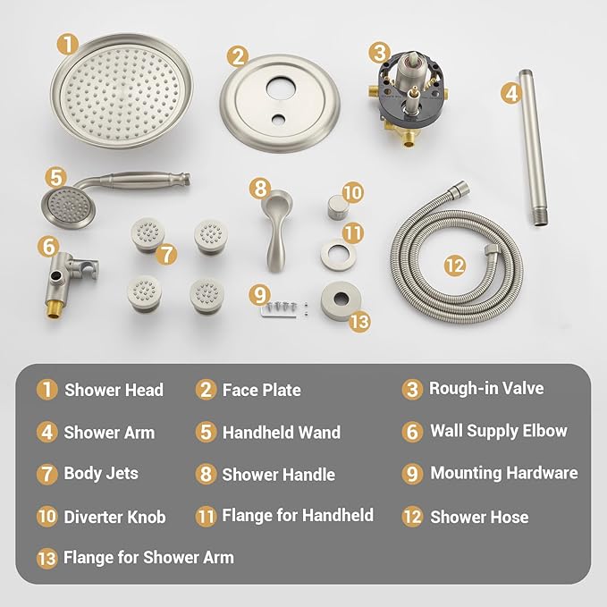 DASAN Antique Shower Faucet Sets Complete Rain Shower System in Wall with Body Shower Spray Jets, Brushed Nickel Shower Fixtures with Rainfall Overhead Shower, Handheld, Shower Valve &Trim, AT249C-BN