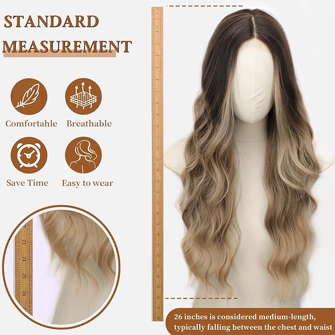 AISI HAIR Ombre Dirty Blonde Wig for Women, Long Wavy Lace Hairline Middle Part Synthetic Wig for Daily Party-26 Inch
