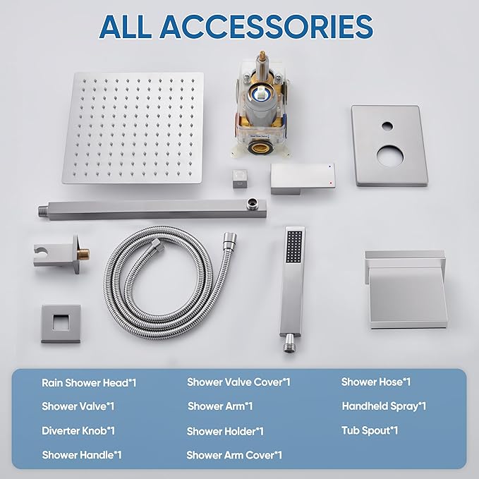 HoliSpa Tub Shower System, All Metal Tub Shower Faucet Set with 12" Rain Shower Head and Handheld Spray combo, Wall Mounted Shower Systems with Tub Spout, Valve and Trim Kit, Brushed Nickel
