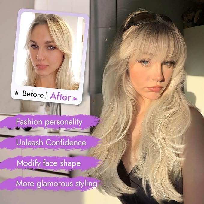 Long Ombre Blonde Wig with Bangs for Women,4x4 Realistic Scalp,Free Parting,Layered Hairstyle Synthetic Heat Resistant for Daily Party Use 26 inch