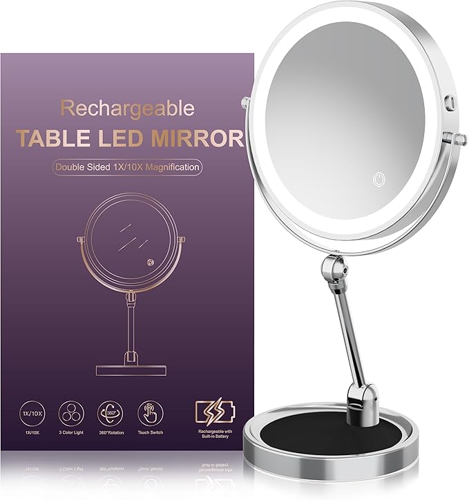 Rocollos 9" Large Lighted Makeup Mirror with 1X/10X Magnification, 4000mAh Rechargeable Vanity Mirror with Height Adjustable & 3 Color Dimmable Lights (9 Inch-Chrome)