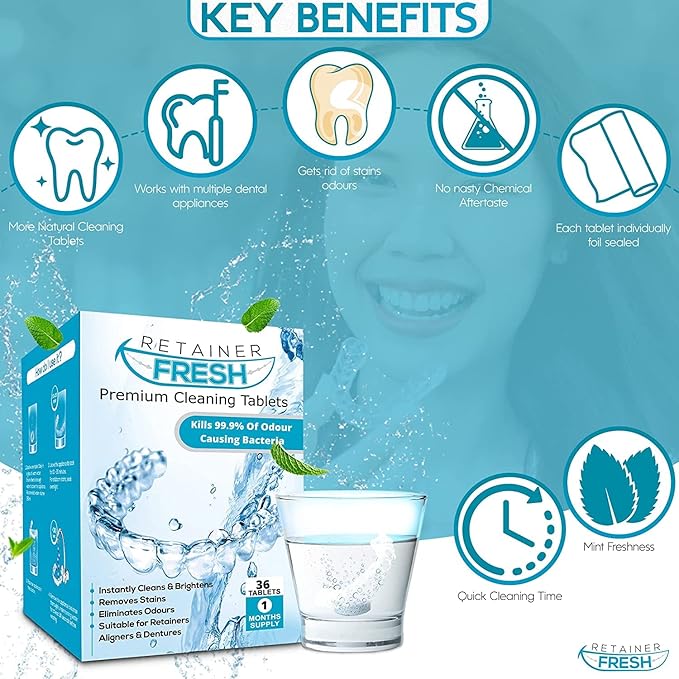 Retainer Cleaner Tablets - 120 Tablets 4 Month Retainer Fresh - Retainer Cleaning Tablets, Mouth Guard Cleaner, Denture Cleaner, Aligner Cleaner, Brite Retainer Tablets