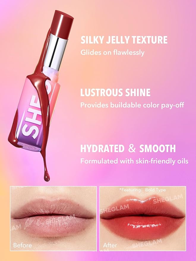 SHEGLAM Mirror Kiss High-Shine Lipstick Silky Jelly Texture Hydrated&Smooth Lip Gloss-It Takes Guts