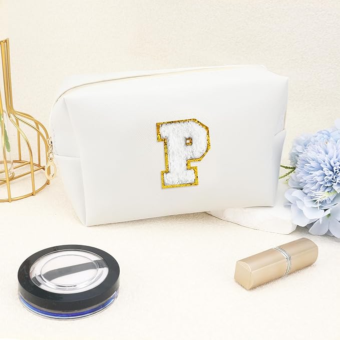 URSKYTOUS Gifts for Girls Initial Makeup Bag Personalized Cosmetic Bag with Zipper Cute Travel Toiletry Bags Waterproof PU Preppy Makeup Pouch Birthday Gift for Teen Girls Women(White P)