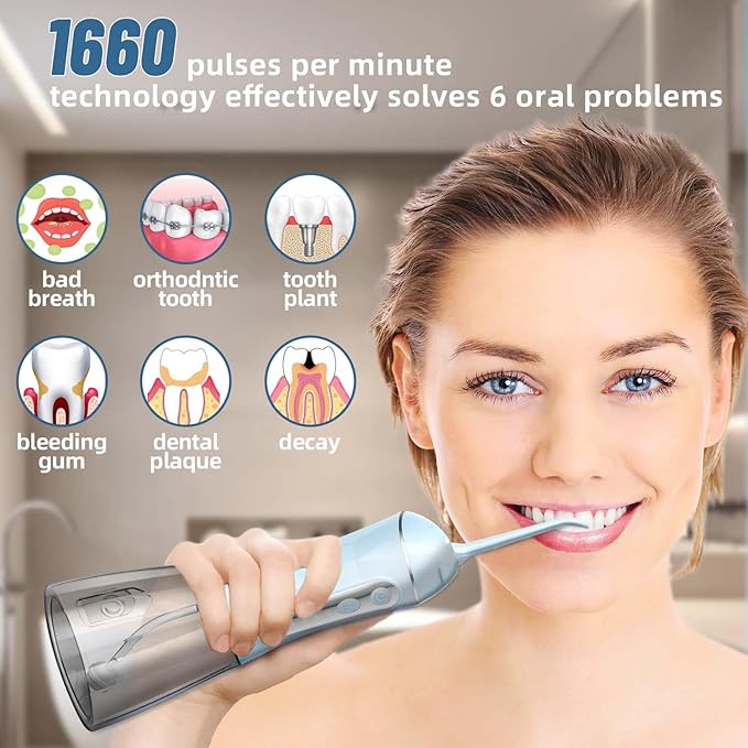 Water Dental Flosser Pick for Teeth Portable Oral Irrigator Rechargeable Travel Irrigation Cleaner 320ML Electric Flossing, IPX8 Waterproof, Waterproof Flossing Cleaning Picks for Home Travel (Blue)