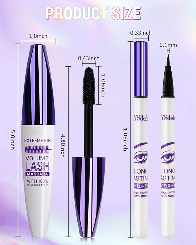 Burgundy Mascara Liquid Eyeliner Set,Update Longlasting Waterproof Color Eye Liner Pen, 5D Silk Fiber Colored Mascara Volume and Length, Christmas Party Stage Use Eye Makeup Gift Kit for Women Girl-08