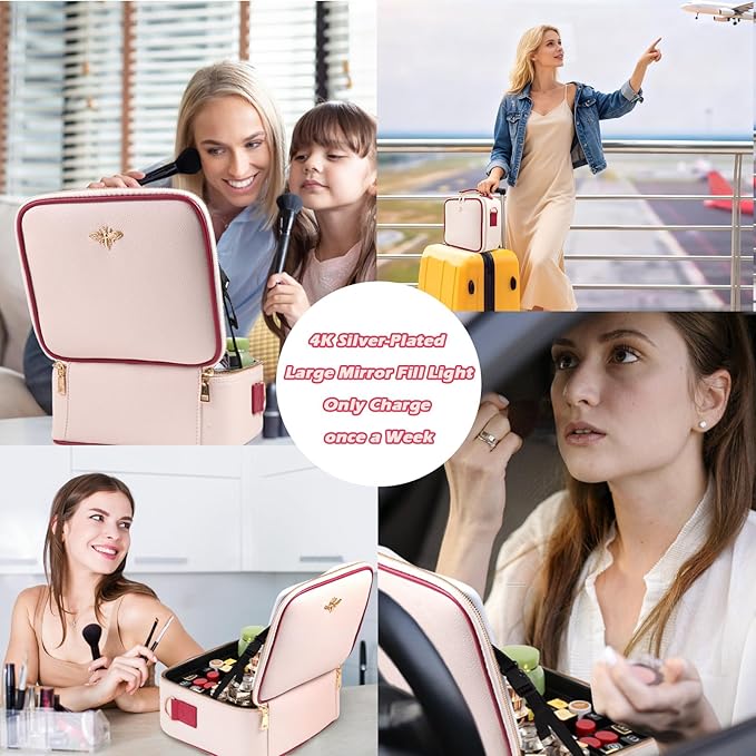 GIUWESOY Travel Makeup Bag with Light Up Mirror, Portable Makeup Bag with Led Light Women Waterproof Makeup Travel Case adjustable dividers Rechargeable Vanity Mirror with 3 Color Lights (Pink)