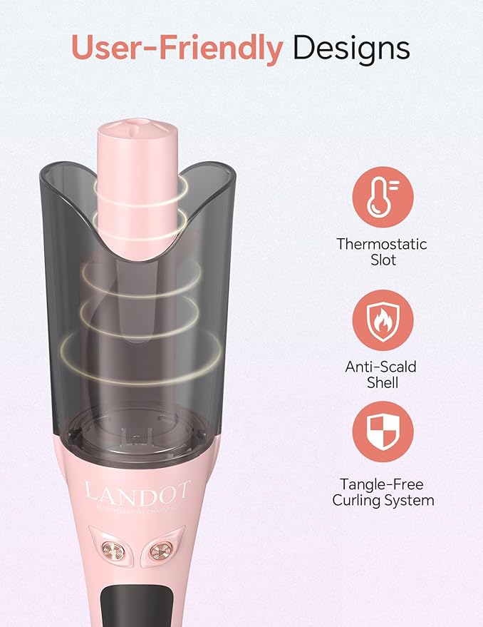 LANDOT Automatic Curling Iron 1-inch: Easy-to-Use Self Curling Wand with Auto Rotation, Anti-Tangle Technology for Beginners, Ideal Gift for Girls & Teens - Charming Pink