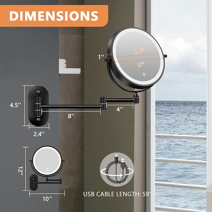 Auxmir 1X/30X Wall Mounted Lighted Makeup Mirror, 8" Rechargeable Double-Sided Magnifying Mirror with Light, Touch Dimmable 3 Color Light, 360ยฐ Rotation Foldable Extended Arm, Black