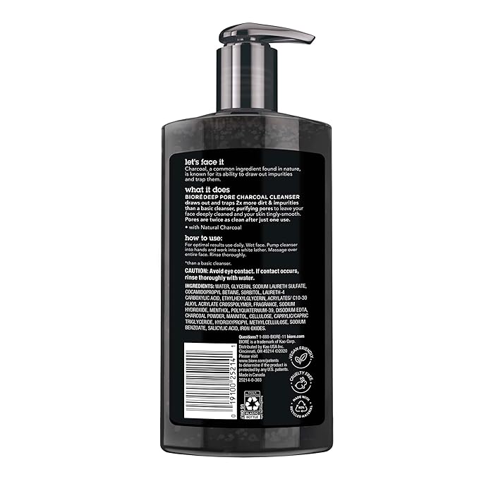 Biore Deep Pore Charcoal Face Wash, Daily Facial Cleanser for Dirt & Makeup Removal, for Oily Skin, 11.45 fl oz, Value Size (Pack of 2)