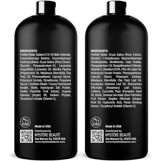 MYSTÉRE BEAUTÉ Rice Water Shampoo and Conditioner Set - Ultra-Nourishing Hair Care Set, Promotes Growth, Revitalizes Shine, and Shields from Damage - Infused with Essential Oils - 16 fl oz Each