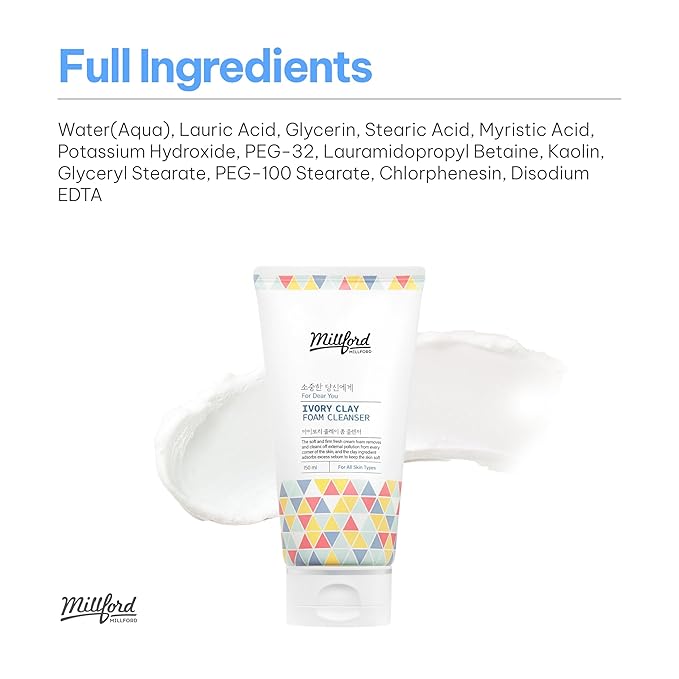 Millford Ivory Clay Foam Cleanser 150ml/5.1 fl.oz – Deep Pore Cleansing Facial Wash, Kaolin Clay + Glycerin Formula for Sebum Control, Oil Balance & Enlarged Pores, Korean Skincare for All Skin Types