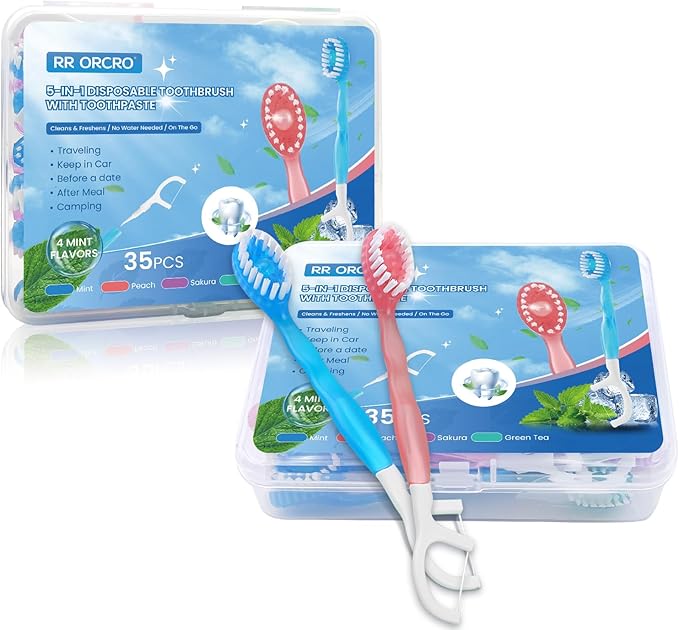 70Pack Mini Disposable Toothbrushes 5-in-1 Portable Pre-Pasted Travel Toothbrush with Toothpaste Tongue Scraper Floss Pick Individually Wrapped Box Small Prepasted Travel Toothbrush for Kids Adults