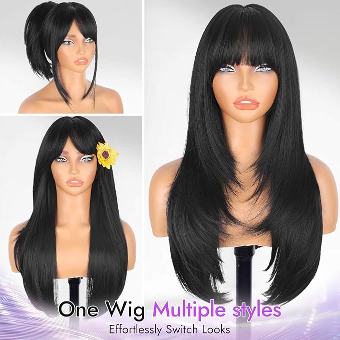 Long Black Wig with Bangs for Women, 4x4 Realistic Scalp,Free Parting, Layered Hairstyle Synthetic Heat Resistant for Daily Party Use 26 inch