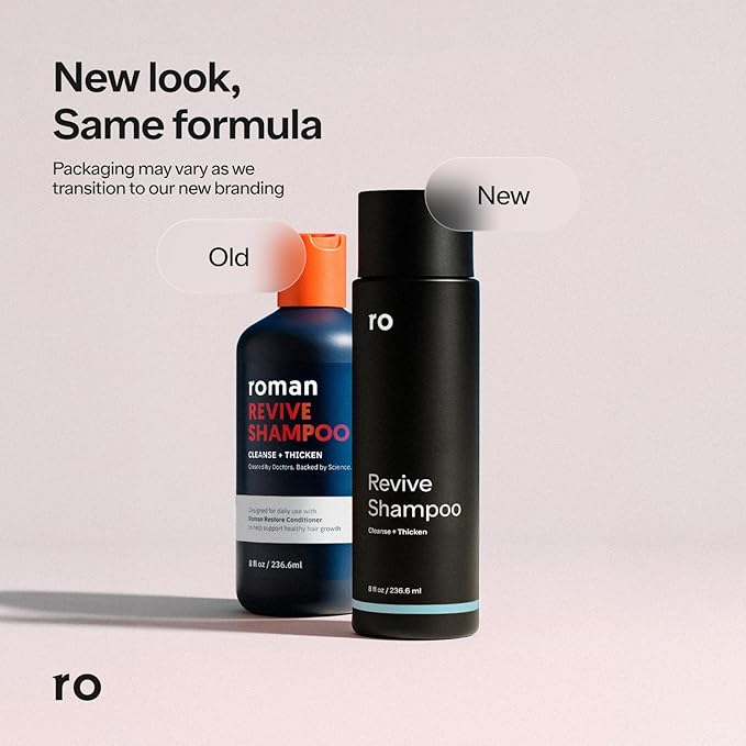 Ro Men's Revive Shampoo, Exfoliates & Clarifies with Peppermint, Cleanses for Thicker-Looking Hair, With Saw Palmetto, Pumpkin Seed Oil, Caffeine, Without Sulfates, Parabens, Phthalates, 8 fl oz