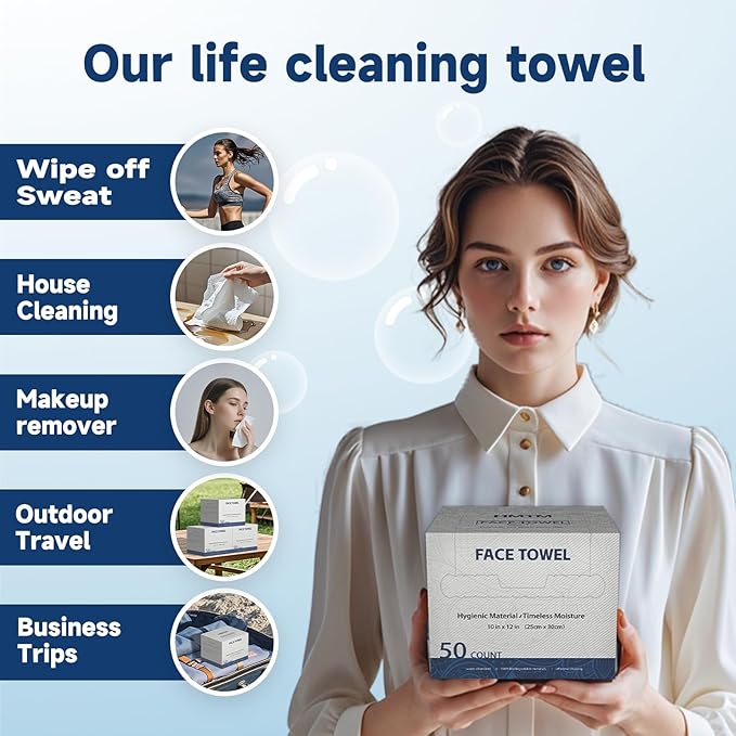 Face Towels 10x12 Inch, 50 Count Extra Thick & Soft Disposable Towels for Makeup Removal & Cleansing, Biodegradable Towels for Sensitive Skin, Travel-Friendly Facial Towelettes