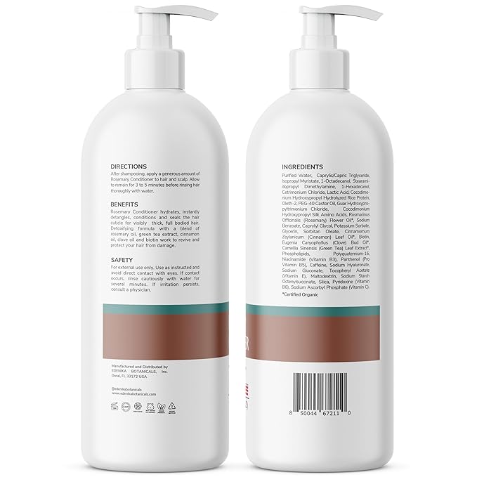 Edenika Botanicals Rosemary Oil Conditioner Treatment with Biotin for Thinning Hair, Anti-Hair Loss, Detangling, Nourishing & Strengthening, Women & Men, Sulfate-Free, Organic, 16 fl oz